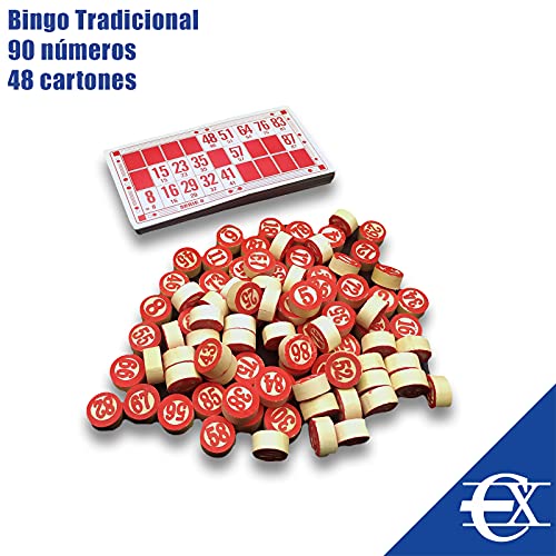 EUROXANTY Set Bingo y 48 cartones | Bingo de Viaje | Juego de Mesa Tradicional | Fichas de números 2 Caras | Práctica Bolsa de Transporte | Números de Madera