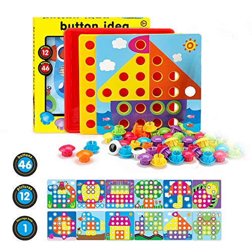 Fansteck Tablero de Mosaicos Infantiles, Puzzle 3D, Rompecabezas Niños de Uñas Setas, Tablero de Coincidir colores con 46 botones y 12 imágenes, Juguete Educativo Temprano para niños y bebés de 3+años