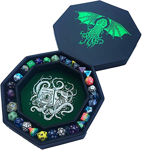 Fantasydice-Cthulhu Tome-Green - Bandeja de dados 8 cm octágono con tapa y zona colocación dados, capacidad para 5 juegos (7 dados/estándar) todos los rol mesa como D&D, Call of Cthulhu, Shadowrun.