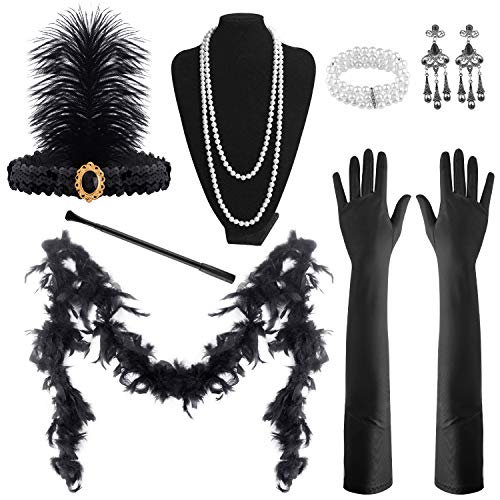 FEPITO Juego de Accesorios de Aleta de los años 20 de 9 Piezas, Diadema, Collar, Pendientes, Guantes Negros Largos, Accesorios de Fiesta temáticos Boa Great Gatsby para Mujeres (Juego G)