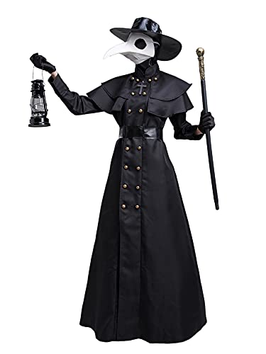 Feynman Disfraz medieval steampunk de médico de la peste negra para hombre, disfraz de médico para Halloween con juego de accesorios, color negro, talla L