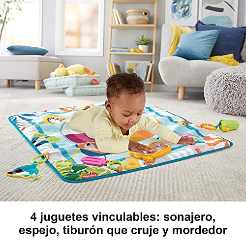 Fisher-Price Manta de actividades para bebé decorado como piscina. Incluye mordedor, espejito snorkel, sonajero limonada y tiburón que cruje (Mattel GRR44)