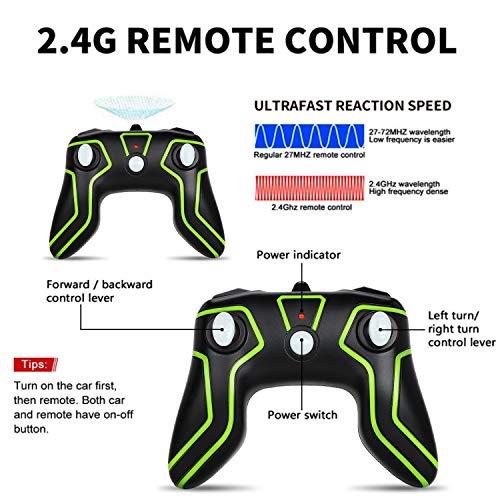 Fivejoy Coche Teledirigido, 15km/h 2.4GHz Coche Acrobacia Rotación Volteo de 360°, 4WD 1:28 Coche RC con 2 Baterías Recargables, Coches de Juguete Regalos para Niños los Reyes 6 7 8 9 Años (Verde)