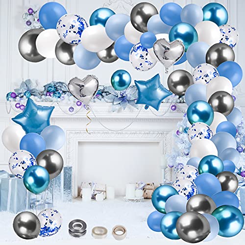 FORMIZON Globos de Fiesta Kit de Guirnalda, Globos de Metal Azul Blanco y Plata, Globos de Látex llenos de Confeti Arco para Decoraciones de Bautizo Comunion Baby Shower Boda de Fiesta de Cumpleaños