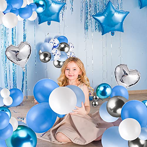 FORMIZON Globos de Fiesta Kit de Guirnalda, Globos de Metal Azul Blanco y Plata, Globos de Látex llenos de Confeti Arco para Decoraciones de Bautizo Comunion Baby Shower Boda de Fiesta de Cumpleaños