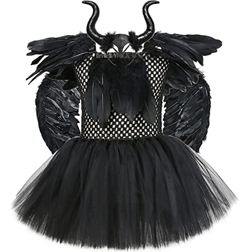 Freebily Disfraz Malefica para Niñas Disfraz Halloween Reina Bruja Vestido Tutú con Diadema de Cuernos y Alas de Demonio Disfraz Carnaval Fiesta Cosplay Niña Negro B 5-6 años