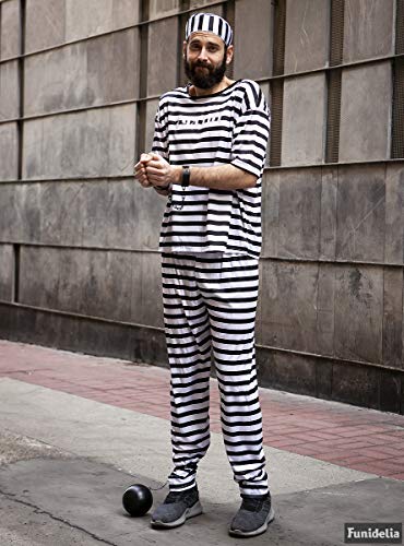 Funidelia | Disfraz de Prisionero para Hombre - Camiseta, pantalón y Gorra - Traje de preso para Adultos - Fiestas de Disfraces, Halloween y Carnaval - Negro y Blanco - Talla XXL