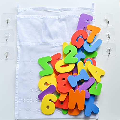 GAMOK Letras y Números de Baño para Aprender y Jugar, Juguetes para el Baño, 26 Letras y 10 Cifras con Bolsa y 6 Ganchos para Divertirse Aprendiendo, para Niños Mayores de 3 Años, 3+