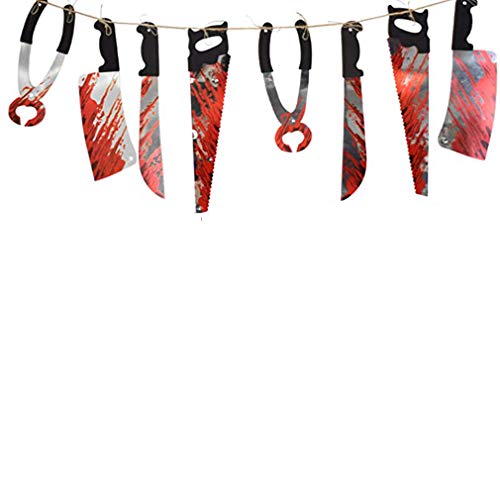 GGQF Suministros 12PCS De Halloween Decoraciones De Las Armas Sangrientas del Horror Scary Metálico Cuchillo De Carnicero Armas Motosierra Haunted House Party Props Banderas Garland