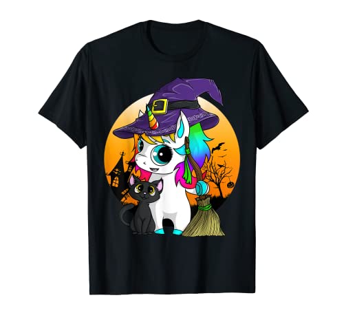 Gráfico de la bruja del Unicornio Gato negro de Halloween Camiseta