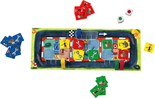 HABA 305260 – Bi-Ba Box-Stopp,Cubo con Reglas Sencillas para niños a Partir de 3 años; Juego de Mesa con plaquetas y Coches de Madera como Figuras de Juego.