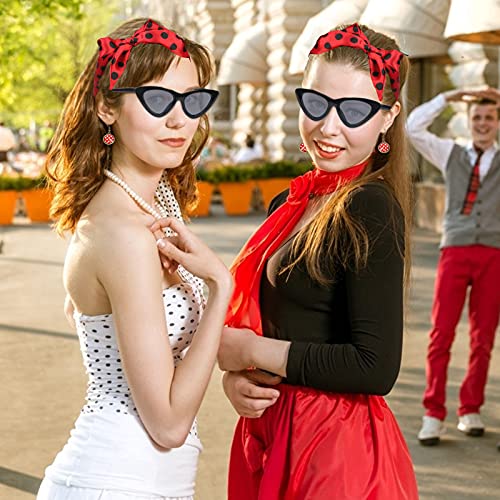 HAMOOM 5pcs Disfraz Cosplay Los Años 50 Gafas de Sol Pendientes Mujer Pañuelo San Fermin Guantes Rojo Vestidos Accesorio Vintage Mujer Años 50 Decoracion Retro Fiesta Carnaval Halloween Moda 50s