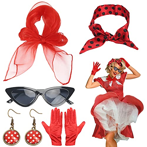 HAMOOM 5pcs Disfraz Cosplay Los Años 50 Gafas de Sol Pendientes Mujer Pañuelo San Fermin Guantes Rojo Vestidos Accesorio Vintage Mujer Años 50 Decoracion Retro Fiesta Carnaval Halloween Moda 50s