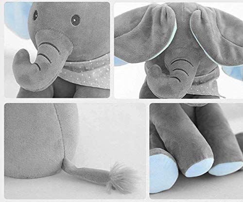 HHJ Peluche de Elefante con Movimiento y Sonido, Juguete Interactivo Peek-a-Boo Elefante, Juego de Ocultar y Buscar Muñeca de Peluche Animada de Felpa Muñecas para Bebé/Niños-Azul