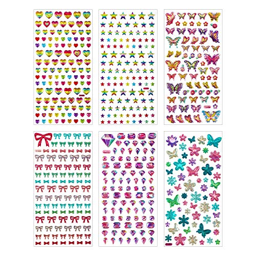 Hifot 3D Pegatinas Infantiles, Lentejuelas Corazón Estrella Joya Mariposa Calcomanías Bowknot Puffy Stickers, Scrapbooking Libro Materiales Diario Calendario Pegatinas Decorativas Niña Chico