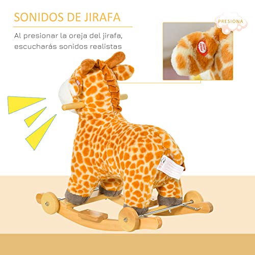 HOMCOM Caballito Balancín Infantil en Forma de Jirafa para Niños de +3 Años Balancín de Felpa 2 en 1 con Ruedas y Sonidos 63x38x63 cm Multicolor