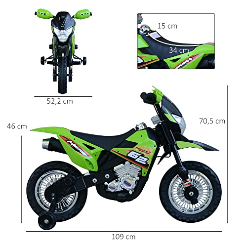 HOMCOM Moto de Batería Infantil Motocicleta Eléctrica para Niños de +3 Años con Luces Música y Ruedas de Apoyo 109x52,2x70,5 cm Verde