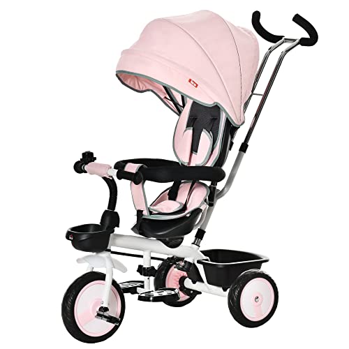 HOMCOM Triciclo Bebé 2 en 1 Triciclo Evolutivo para Niños de +12 Meses con Asiento Reversible Capota Plegable Mango de Empuje Telescópico y Barra Extraíble 100x48x106 cm Rosa