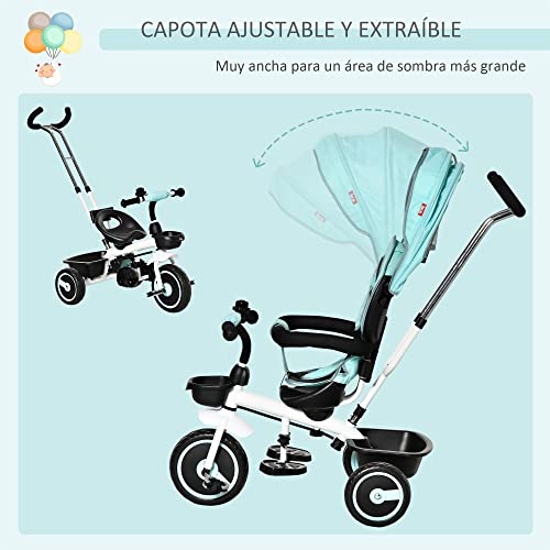 HOMCOM Triciclo Bebé 2 en 1 Triciclo Evolutivo para Niños de +12 Meses con Asiento Reversible Capota Plegable Mango de Empuje Telescópico y Barra Extraíble 100x48x106 cm Rosa