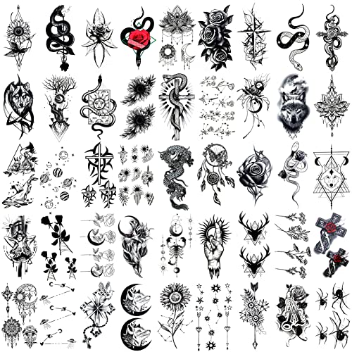 HOWAF 45 Hojas Pequeños Tatuajes Impermeables Temporales, Fake Negros Tatuajes Adhesivos Tatuajes de Flor Rosa Dragón León Serpiente, Tatuajes Temporales para Adultos Hombre Mujer de brazo cuello