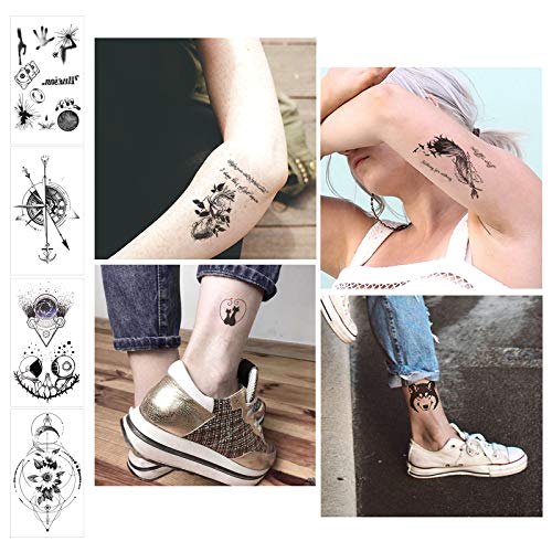 HOWAF Pequeños tatuajes impermeables temporales 60 Hojas,luna, brújula,estrellas,ancla, palabras, líneas, flores,cráneo,cruz,araña para niños, adultos, hombres y mujeres