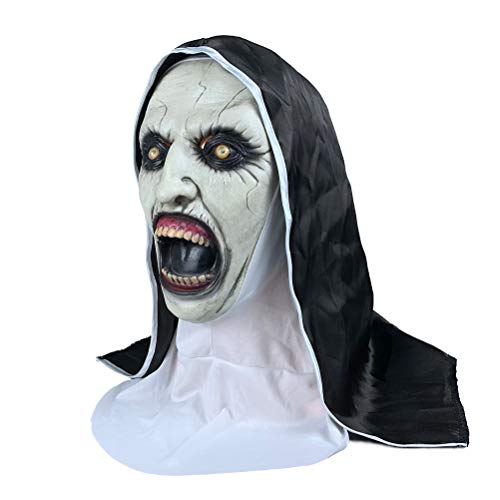 Hundor Máscara de monja de látex de terror de Halloween, máscara brillante cubierta de cara completa con pañuelo en la cabeza, accesorios de broma para cosplay