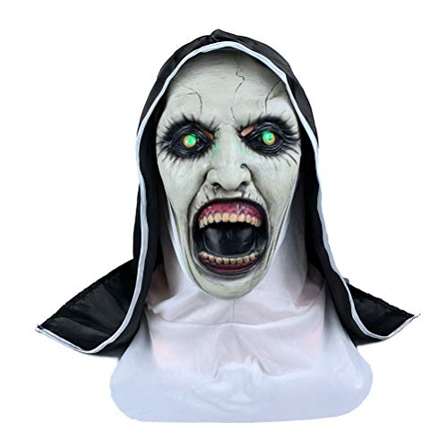 Hundor Máscara de monja de látex de terror de Halloween, máscara brillante cubierta de cara completa con pañuelo en la cabeza, accesorios de broma para cosplay