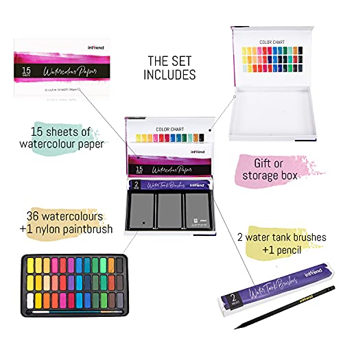 Int!rend Kit de Acuarela - No tóxico & Libre de Ácido - 36 Acuarelas Profesionales + 1 Pincel + 2 Pinceles con Tanque de Agua + 15 Papel para Acuarela - Set Watercolor Todo-en-Uno