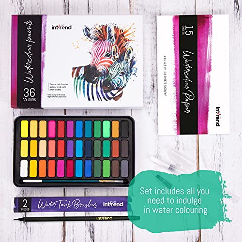 Int!rend Kit de Acuarela - No tóxico & Libre de Ácido - 36 Acuarelas Profesionales + 1 Pincel + 2 Pinceles con Tanque de Agua + 15 Papel para Acuarela - Set Watercolor Todo-en-Uno