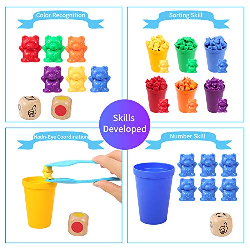 iufvbgxdh Juego de 71 ositos de conteo de arco iris, con tazas de clasificación a juego, dados y pinzas, Montessori, juego educativo de clasificación de colores