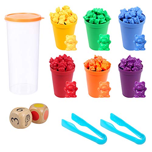 iufvbgxdh Juego de 71 ositos de conteo de arco iris, con tazas de clasificación a juego, dados y pinzas, Montessori, juego educativo de clasificación de colores