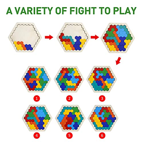 IWILCS Rompecabezas de Tetris Tangram, 2 Piezas Hexágono Rompecabezas, Bloque de Forma Tangram Rompecabezas, para niños Coloridos Rompecabezas de Madera educación educativa Juguetes Regalo