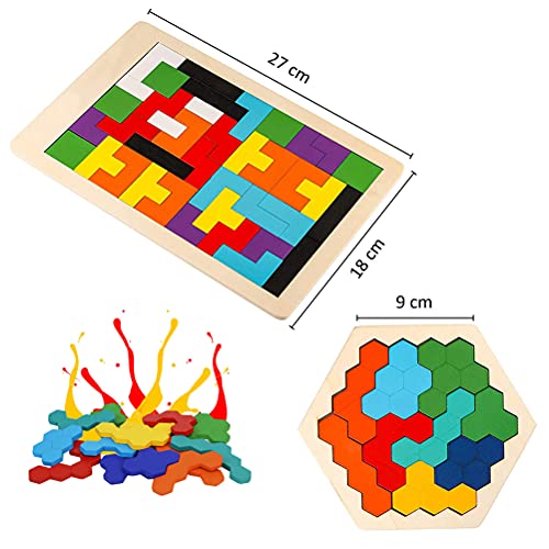 IWILCS Rompecabezas de Tetris Tangram, 2 Piezas Hexágono Rompecabezas, Bloque de Forma Tangram Rompecabezas, para niños Coloridos Rompecabezas de Madera educación educativa Juguetes Regalo