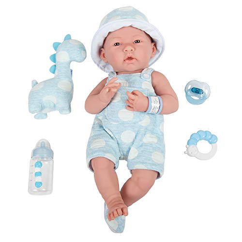 JC Toys, Muñeco La Newborn con Cuerpo de Goma. Vestido Azul Lunares y Manta. Mascota y Accesorios. NIÑO.