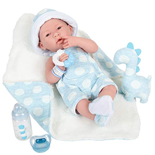 JC Toys, Muñeco La Newborn con Cuerpo de Goma. Vestido Azul Lunares y Manta. Mascota y Accesorios. NIÑO.