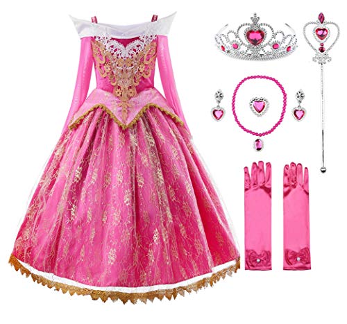 JerrisApparel Niña Princesa Cordón Vestir Rosa Bella Cosplay Fiesta (8-9 años, Rosa con Accesorios)