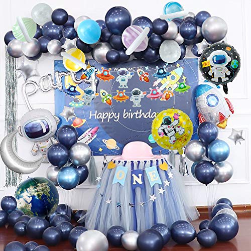 Joeyer Decoraciones Cumpleaños, 54 PCS Astronauta Tema Espacial Globos Pancarta de Cumpleaños Cortina de Flecos Cohete Globo Decoraciones para Fiestas de Cumpleaños