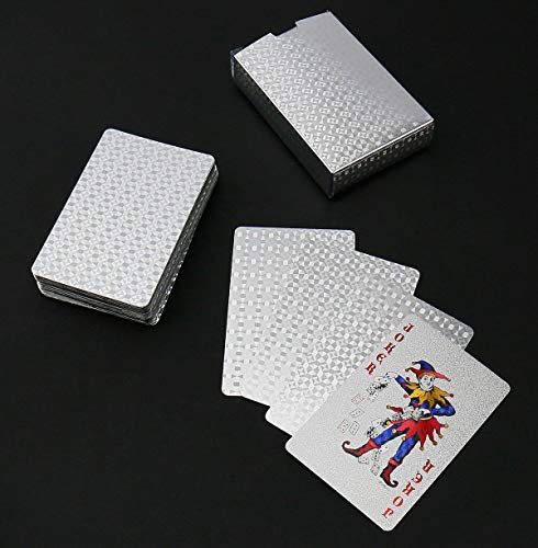 Joyoldelf - Juego de cartas 54, tarjetas de póker de hoja de plata impermeables, juego de cartas Magia, herramienta de habilidades Classic Magic Poker (plata)