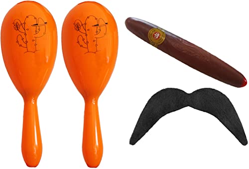 Juego de disfraz mexicano instantáneo, 2 maracas, 1 cinta adhesiva y 1 cigar de plástico y fácil arreglo para fiestas de disfraces mexicanas/alrededor del mundo, color naranja