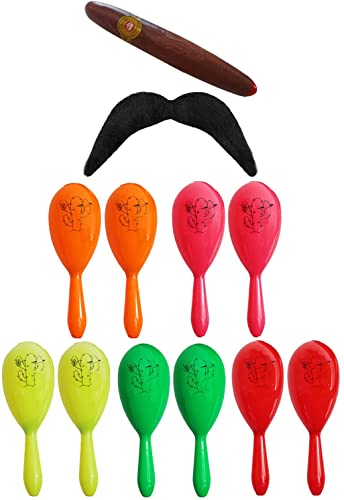 Juego de disfraz mexicano instantáneo, 2 maracas, 1 cinta adhesiva y 1 cigar de plástico y fácil arreglo para fiestas de disfraces mexicanas/alrededor del mundo, color naranja