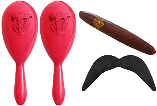 Juego de disfraz mexicano instantáneo, 2 maracas, 1 cinta adhesiva y 1 cigar de plástico y fácil arreglo para fiestas de disfraces mexicanas/alrededor del mundo, color rosa