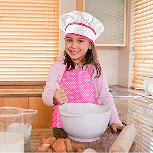 Juego Delantal y Gorro Chef para Niños, Delantal de Cocina Niños con Gorro Cocinero Blanco, Niños Delantal de Chef Guantes de Horno, Almohadilla Resistente al Calor para 3 a 12 Años (Rosa Roja)