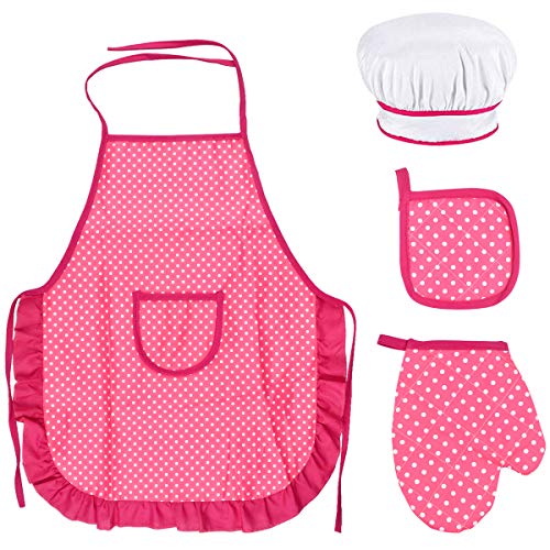 Juego Delantal y Gorro Chef para Niños, Delantal de Cocina Niños con Gorro Cocinero Blanco, Niños Delantal de Chef Guantes de Horno, Almohadilla Resistente al Calor para 3 a 12 Años (Rosa Roja)