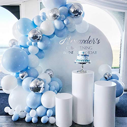 Kit de arco de guirnalda de globos azules, 141 globos blancos y plateados, globos de aluminio 4D, arco de globos azul macaron para niño baby shower, decoraciones de primer cumpleaños