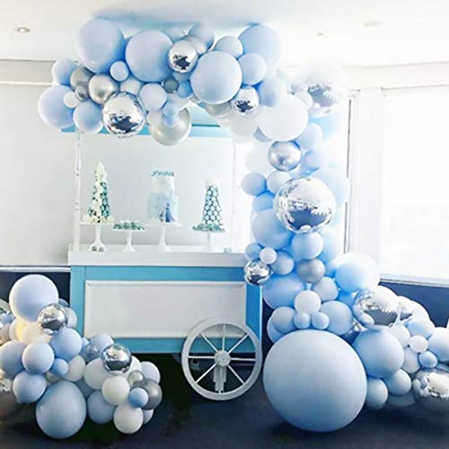 Kit de arco de guirnalda de globos azules, 141 globos blancos y plateados, globos de aluminio 4D, arco de globos azul macaron para niño baby shower, decoraciones de primer cumpleaños