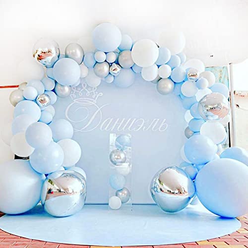 Kit de arco de guirnalda de globos azules, 141 globos blancos y plateados, globos de aluminio 4D, arco de globos azul macaron para niño baby shower, decoraciones de primer cumpleaños