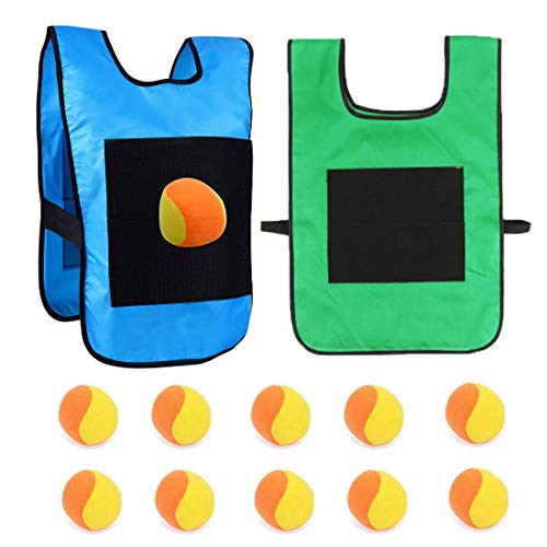 Knowing Chaleco de Velcro para Niños, 2 Piezas Chalecos de Juego de Dodgeball, con Bolas de Algodón de 10 Piezas, para Juegos de Actividades Infantiles al Aire Libre, Azul y Verde, 29 * 42,5cm