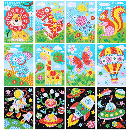 LEMESO 12 Piezas Pegatinas de Mosaicos Manualidad para Niños, Pegatinas EVA de Colores para Dibujos Infantieles, Juego de Relleno Juguete DIY Manualidades, Rompecabezas de Arte, Pintura Hecha a Mano