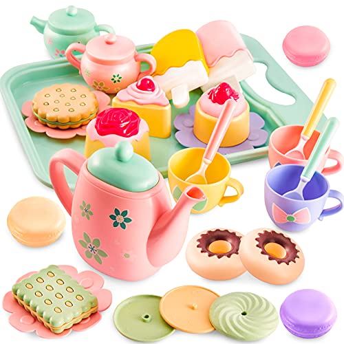 LINFUN KIDS Cocina Juego de Té Juguete Niñas, Juguete de Comida con Postre Pastel Bandeja Juguete para Fiestas de Té Regalo para Niños Niñas 3 4 5 6 Años