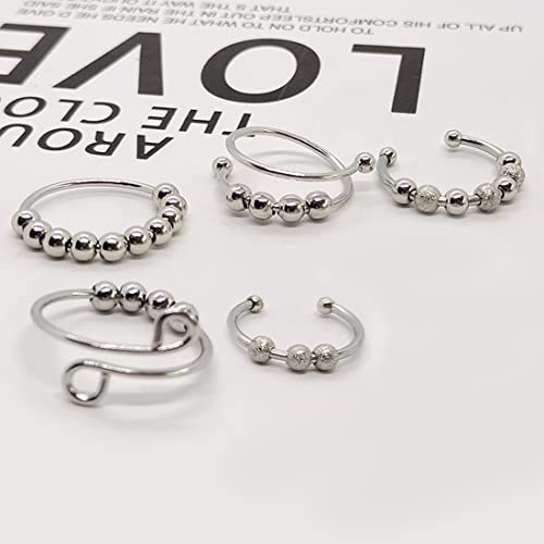 LIUJZZJ 5 Piezas Anillos Ansiedad para Mujeres Ansiedad Ajustable Anillos Antiestrés Juego de Anillos de Cuentas Giratorias para Aliviar Ansiedad Anillos Abiertos Delgados Apilables